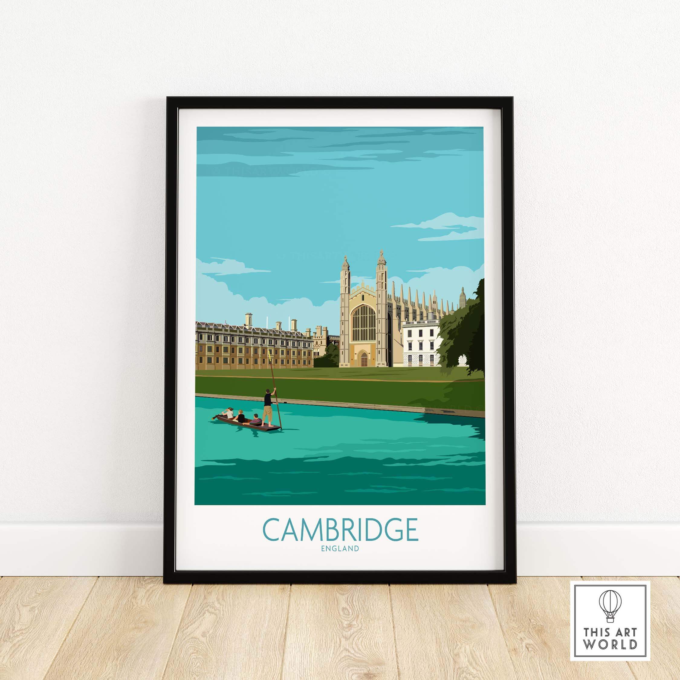 Framed Cambridge print featuring King's College and vintage style travel art.