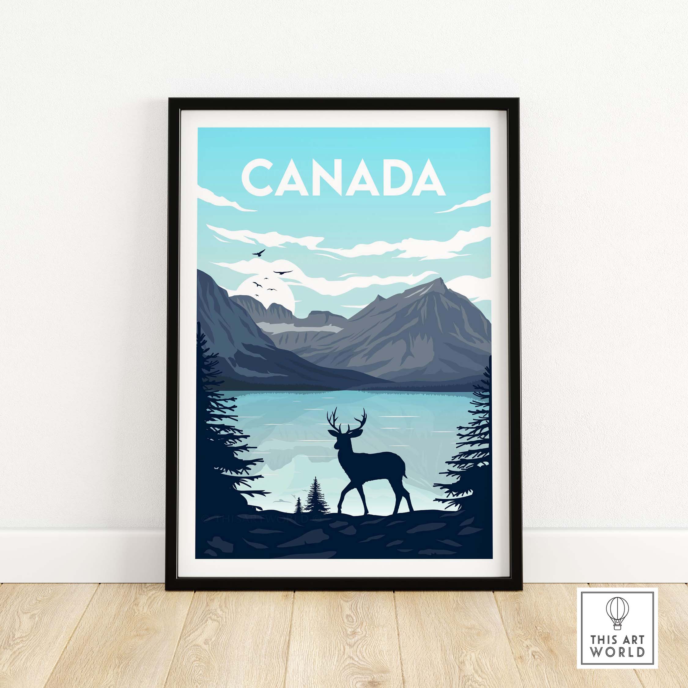 Canada poster wall art print featuring a serene landscape, deer, and mountains, perfect for home decor.
