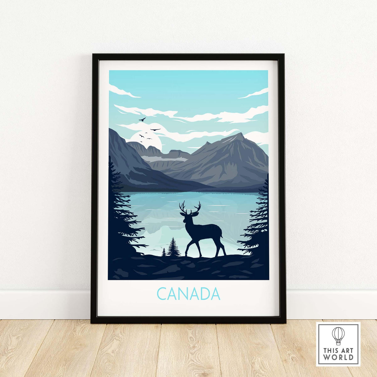Stylish Canada travel poster print featuring mountains, a deer, and lakeside scenery in vintage style.