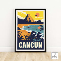 Cancun Poster Wall Art Print featuring a vintage style illustration of a beach and Mayan ruins in Mexico.