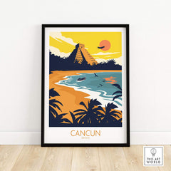 Colorful Cancun travel poster print featuring beach, Mayan ruins, and tropical scenery for home decor.