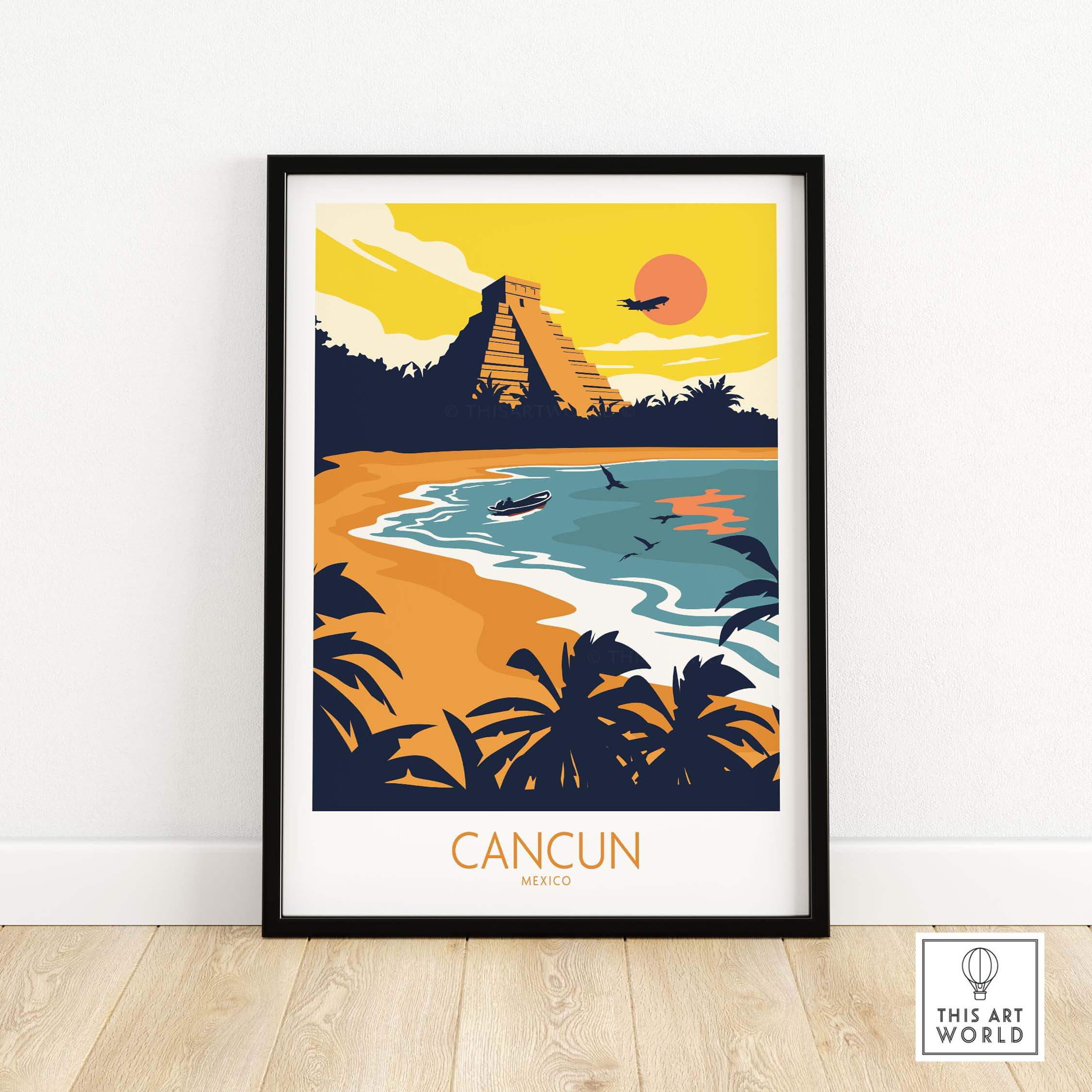 Colorful Cancun travel poster print featuring beach, Mayan ruins, and tropical scenery for home decor.