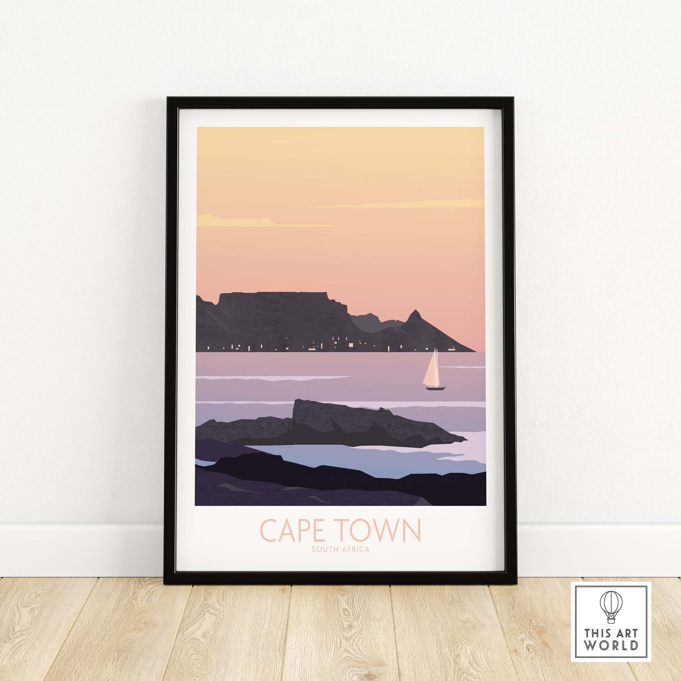 Cape Town Poster Print featuring Table Mountain and sailing boat in vintage art style, framed artwork.