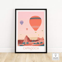 Cappadocia print featuring hot air balloons over Turkish landscapes, perfect for travel-inspired wall art.