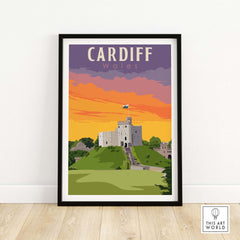 Cardiff Poster Wales Print featuring a vintage style illustration of Cardiff Castle against a colorful sunset.