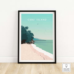 Cebu Island Philippines print poster showcasing a serene beach scene with palm trees and clear blue waters.
