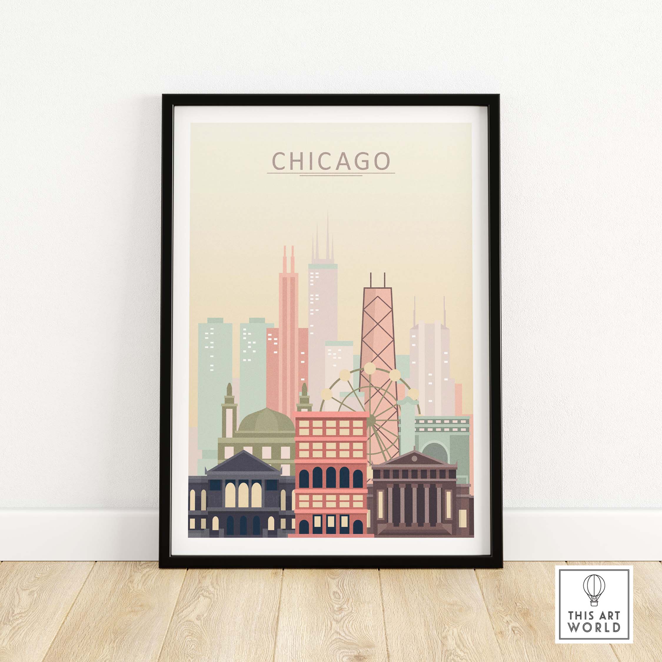 Chicago Skyline Wall Art Poster featuring iconic buildings in warm pastel tones, framed elegantly for home décor.