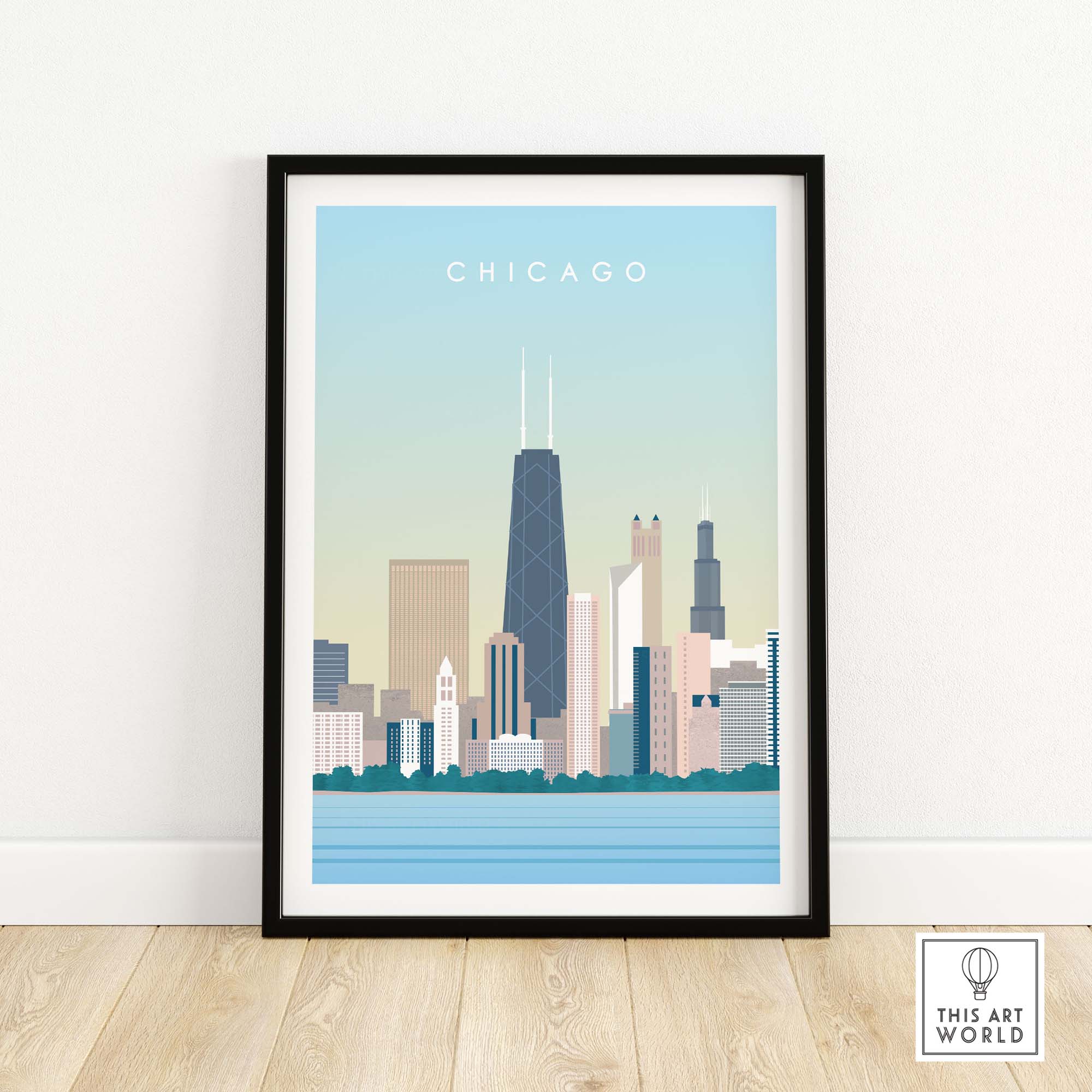 Chicago skyline wall art poster in a black frame, showcasing vintage-inspired design and nostalgic travel vibes.