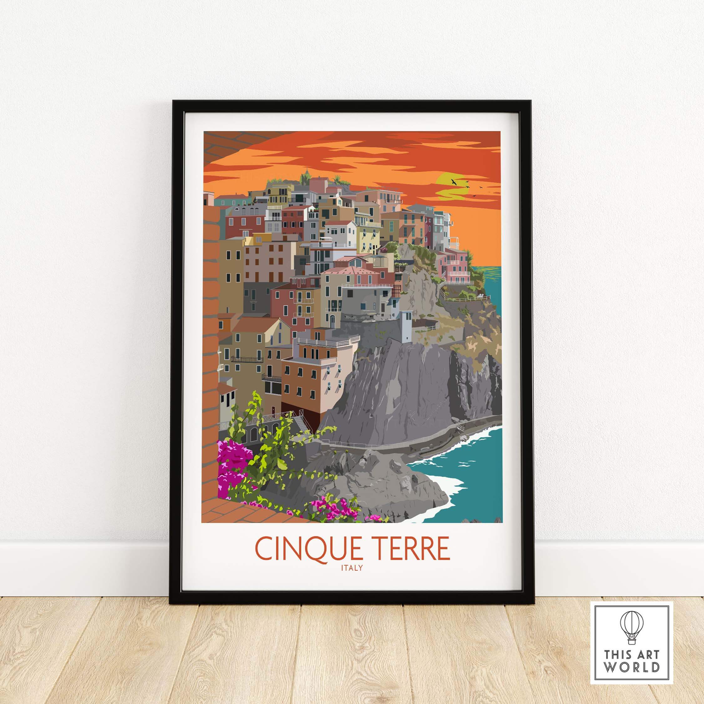 Cinque Terre print showcasing colorful coastal town with vibrant sunset, framed art for home or office decor.