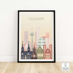 Cologne skyline print in pastel colors, showcasing iconic architecture for stylish wall art decor.