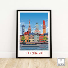 Copenhagen wall art print showcasing colorful buildings and a sailboat, inspired by vintage travel designs in a minimalist style.
