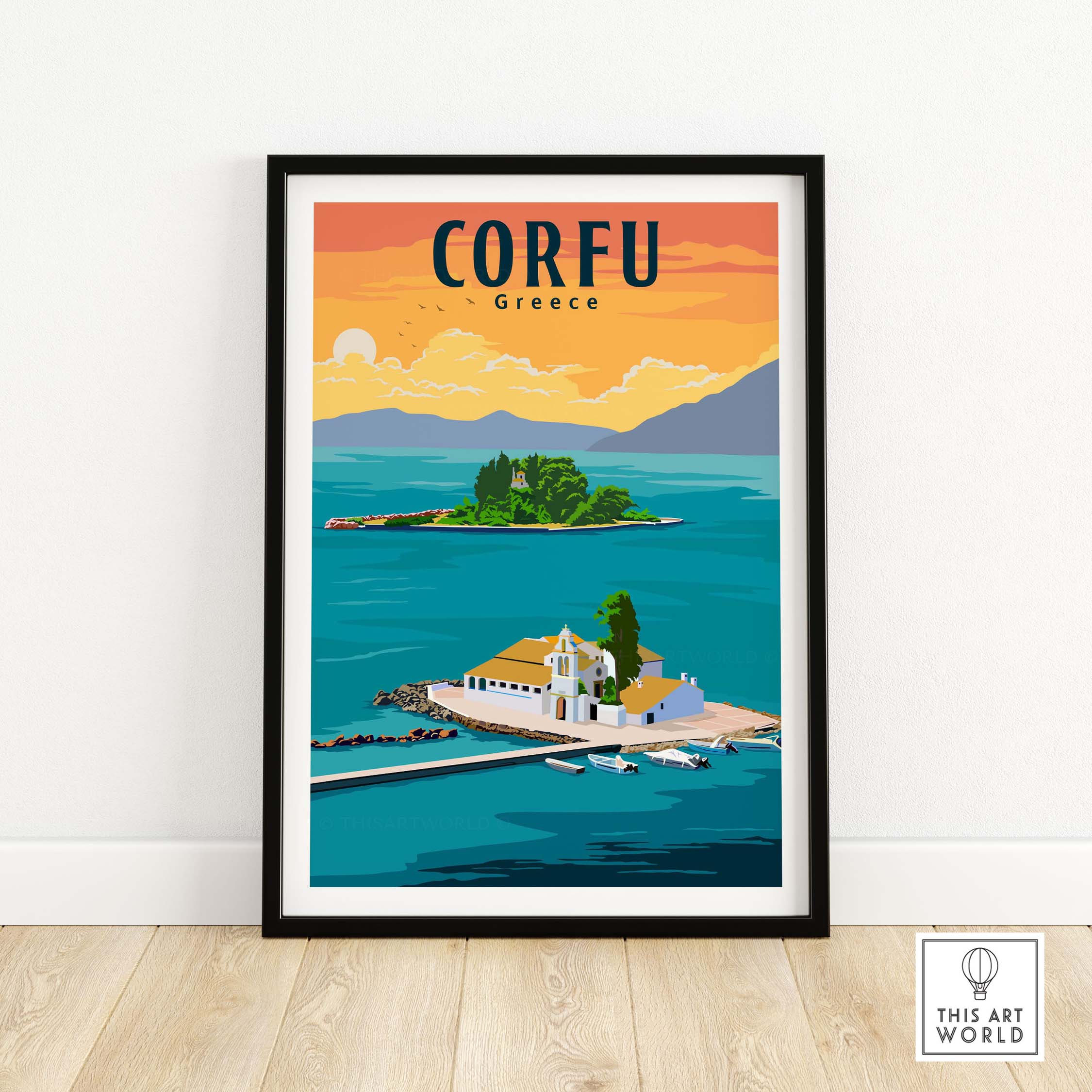 Corfu Print Greece Poster showcasing vintage travel art of a picturesque seascape and island scenery.