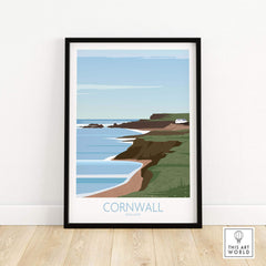 Cornwall poster print featuring scenic coastal view and vintage design, ideal for home or office wall art.