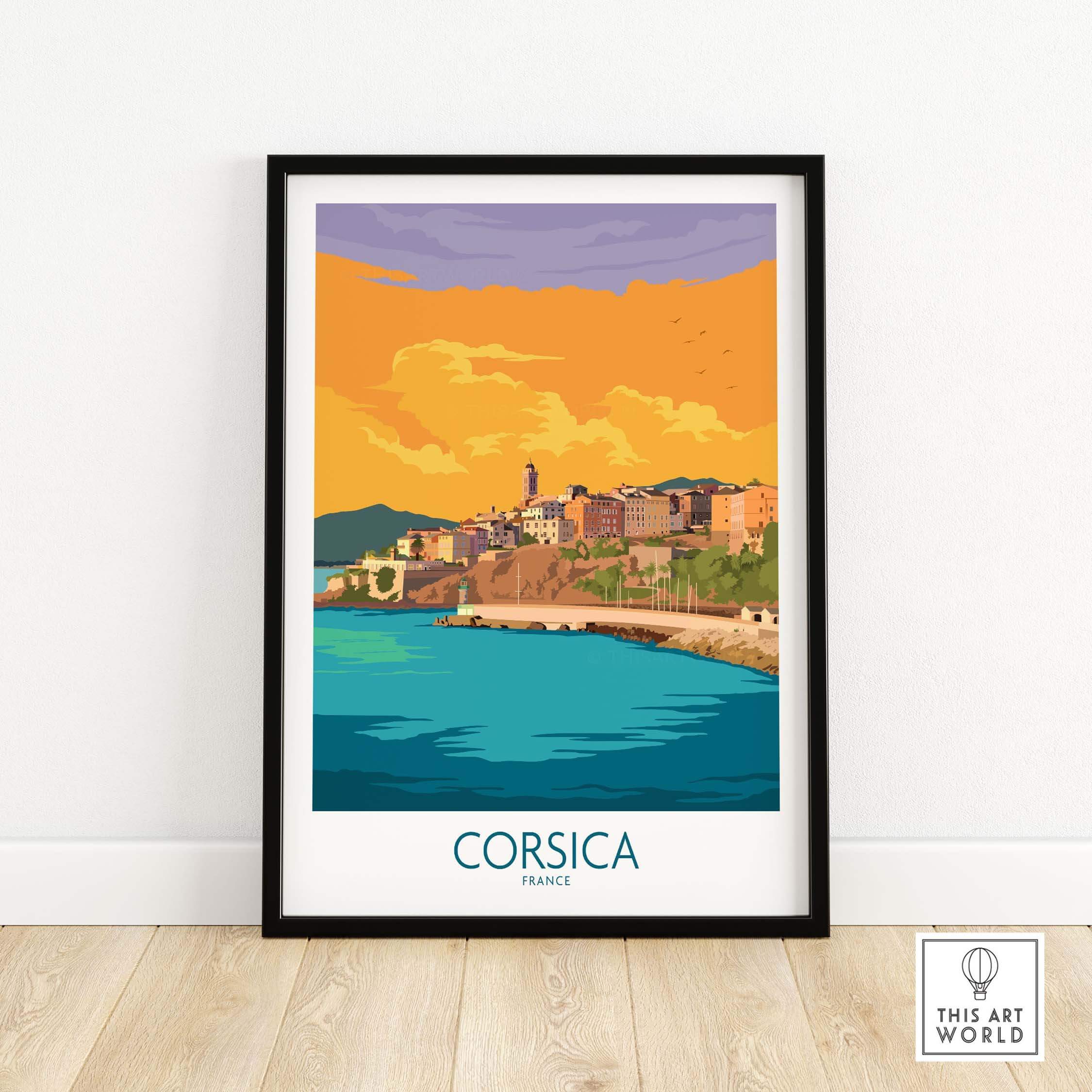 Framed Corsica poster featuring a vibrant coastal scene in France with bold colors and vintage travel art style.