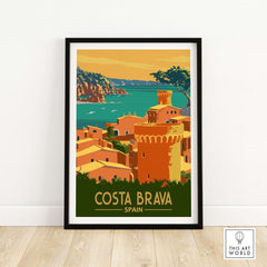 Costa Brava Print featuring a coastal view of Spain with vintage design, perfect for decor and wanderlust inspiration.
