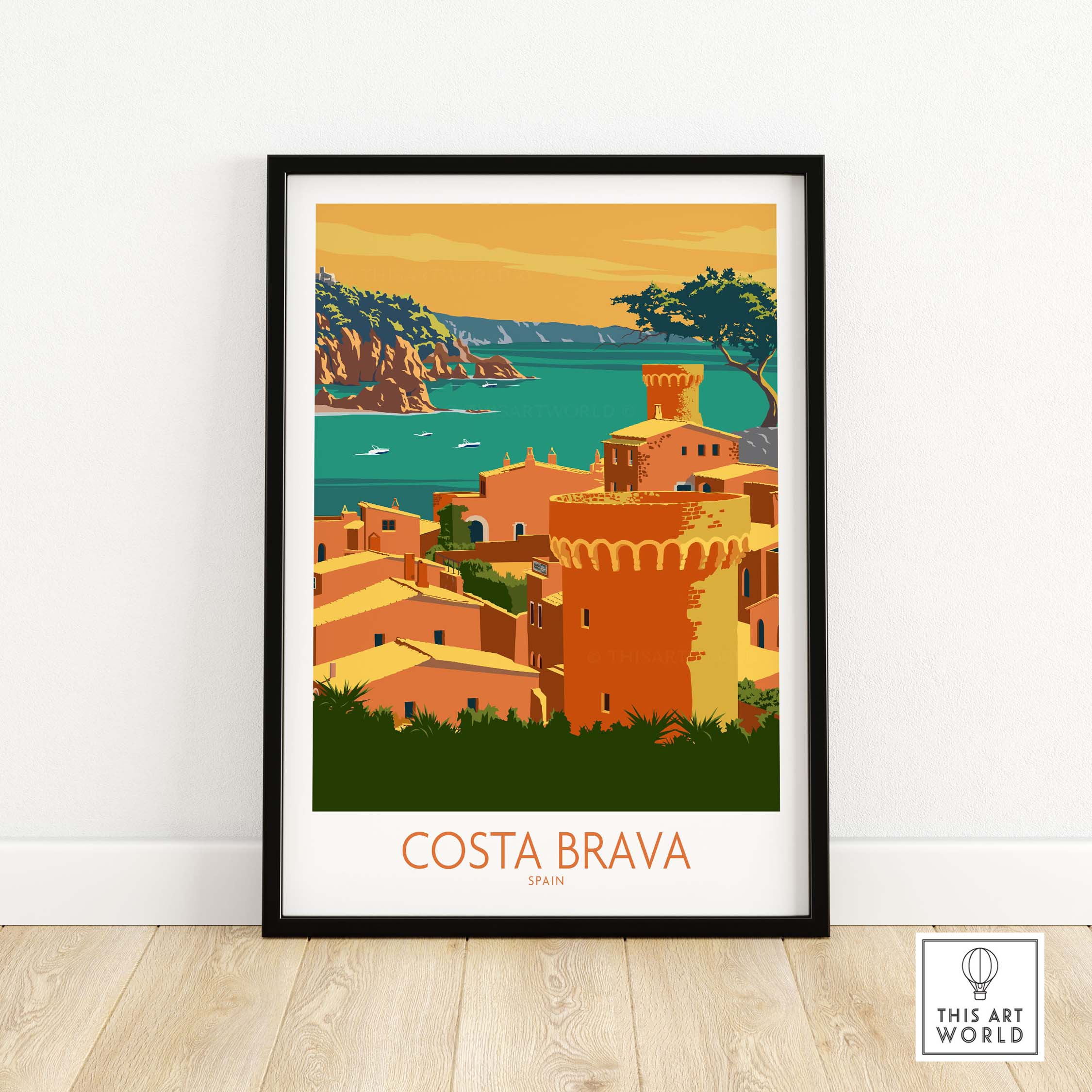 Costa Brava poster featuring vintage-inspired artwork of Spain's coastal landscape and architecture.