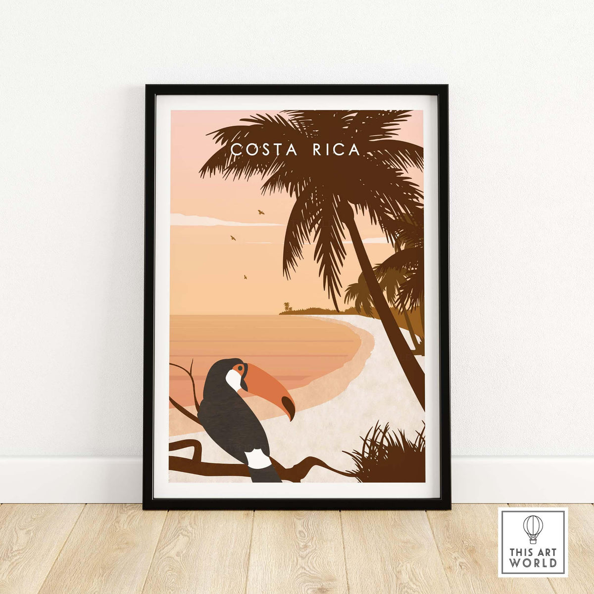 Costa Rica print wall art poster featuring a toucan and tropical scenery in warm sunset colors.