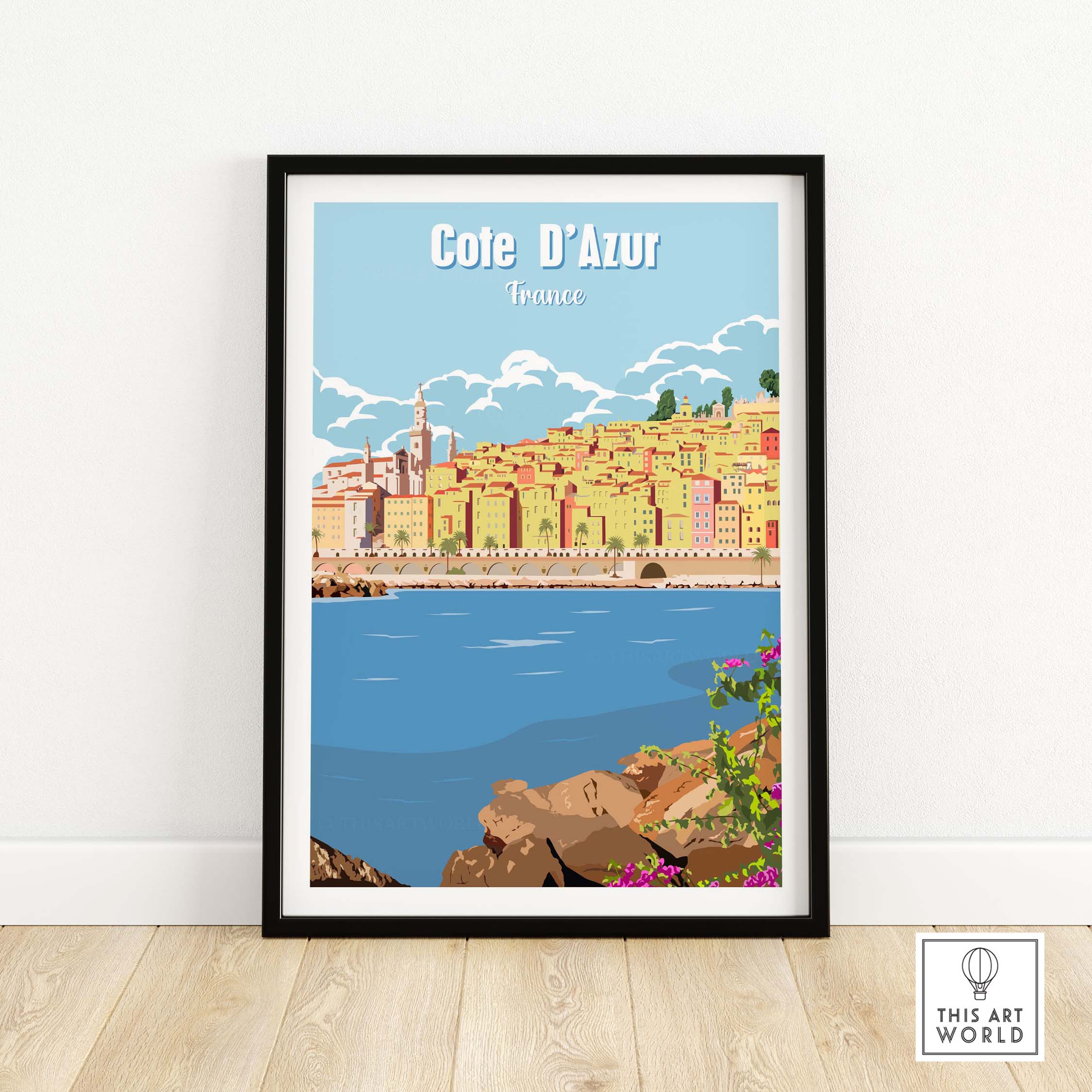 Cote d'Azur poster print wall art featuring a colorful coastal view of France, perfect for stylish home decor.