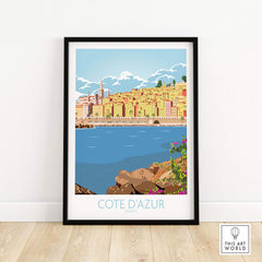 Cote d'Azur print poster showcasing vibrant coastal scenery and vintage travel art style.
