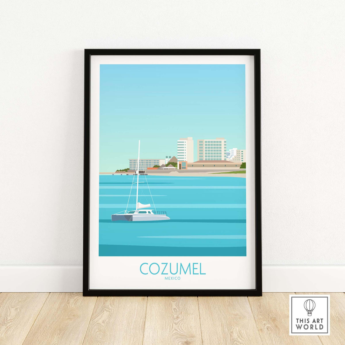 Cozumel poster featuring a sailboat and coastline, a stylish travel-themed wall art for Mexico.