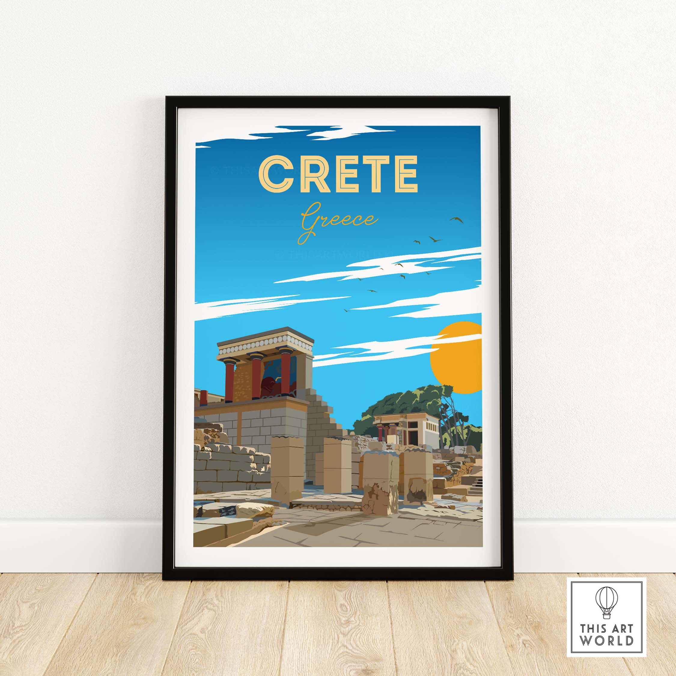 Crete travel poster print featuring a minimalist design with ancient ruins and a sunset in vibrant colors.