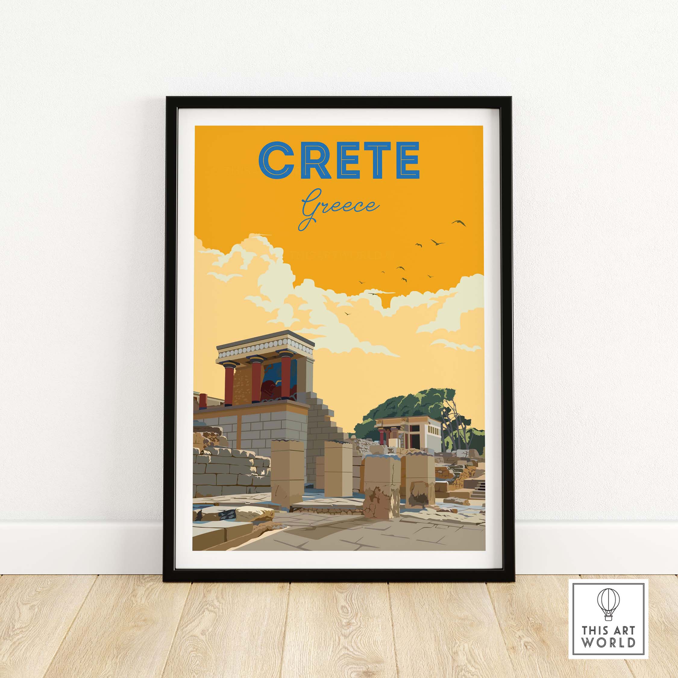Vintage travel poster of Crete, Greece with a sunny background and ancient ruins, framed wall art for home decor.