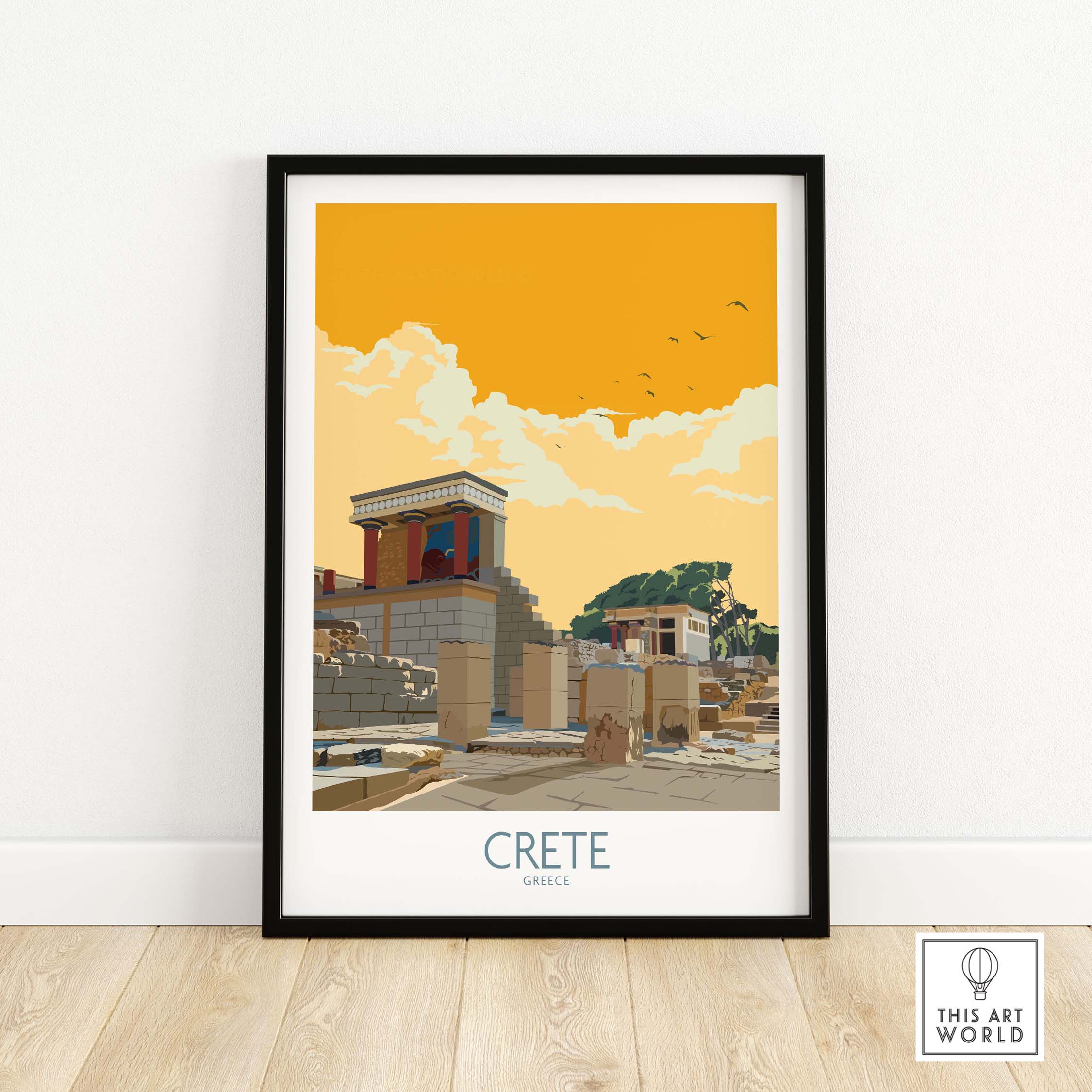 Stylish Crete Greece poster featuring scenic art inspired by vintage travel designs.