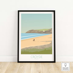 Croyde Beach Print poster featuring a serene beachscape with people walking on the sand framed for stylish home decor.