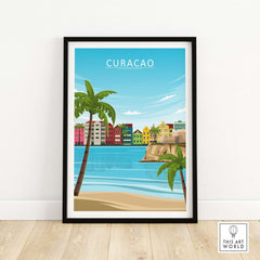 Curacao poster print featuring colorful buildings by the beach with palm trees, perfect for home or office decor.