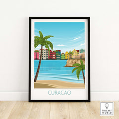 Curacao wall art travel poster featuring colorful buildings and palm trees by the beach, perfect for home decor.