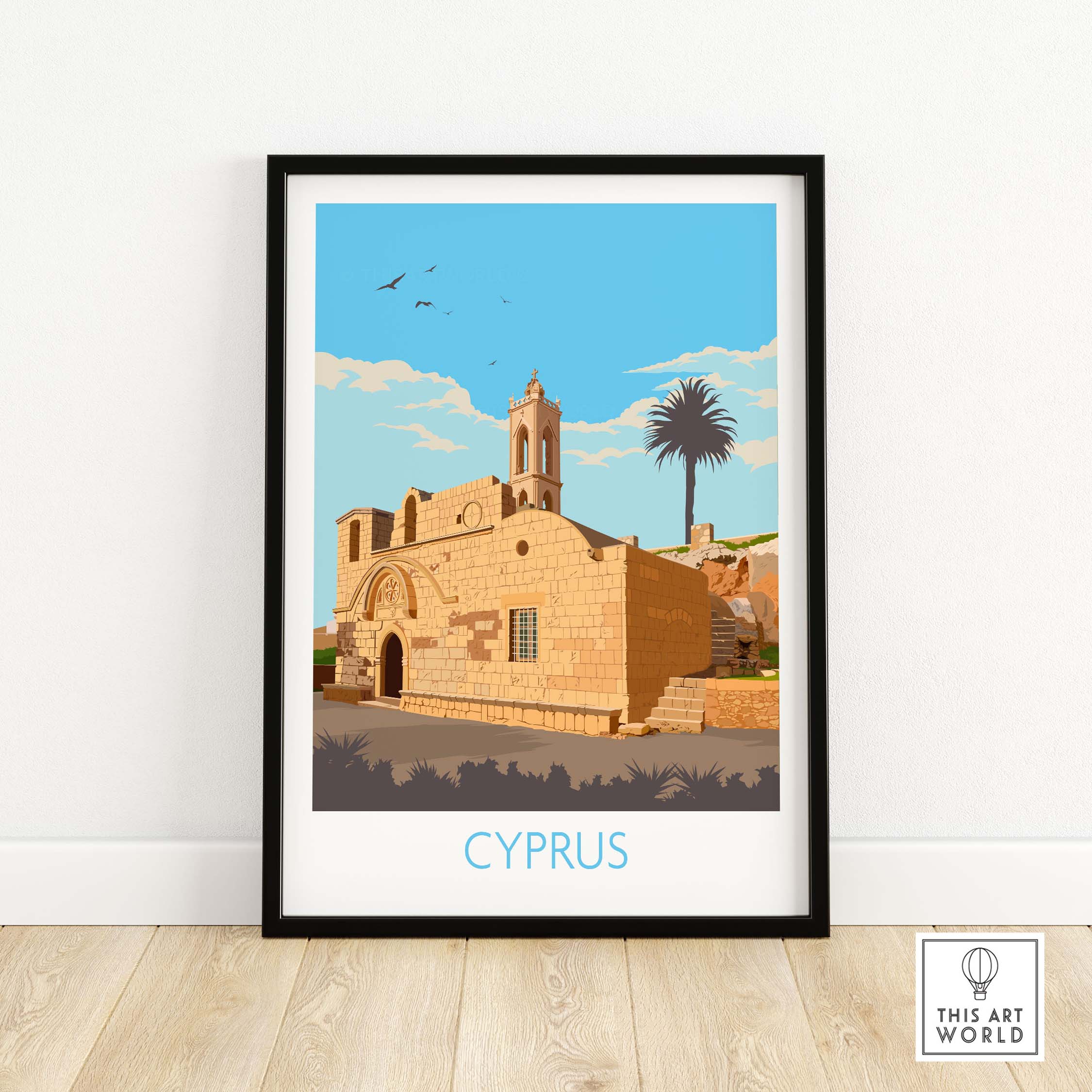 Cyprus Poster Print featuring a vintage style illustration of a historical building and palm tree, framed art for home decor.