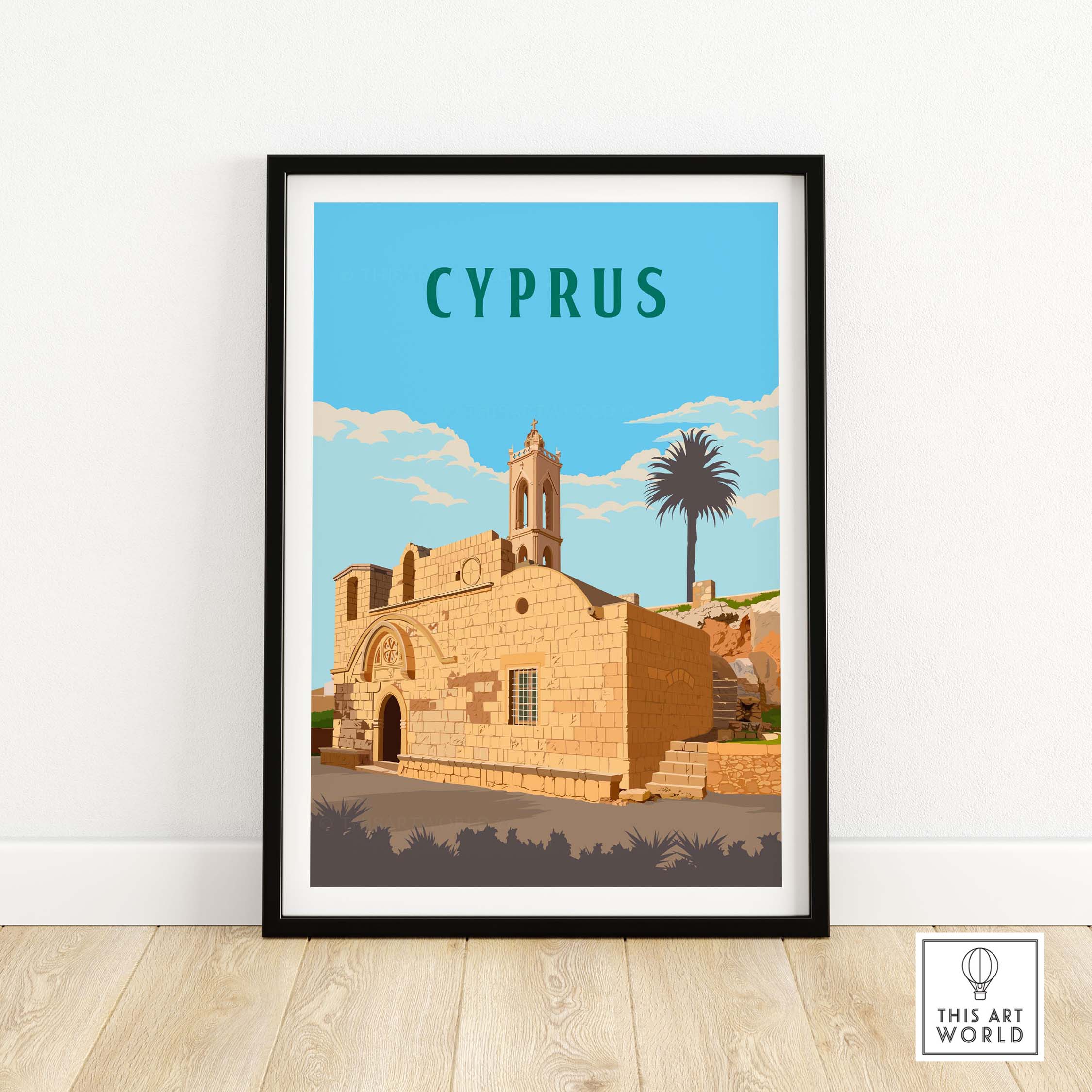 Cyprus Print travel poster featuring a historic building and palm tree in a minimalist style, perfect for wanderlust-inspired decor.
