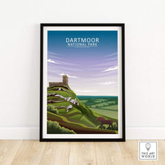 Dartmoor National Park poster showcasing scenic hills and a castle in minimalist style, perfect for nature lovers' wall art.
