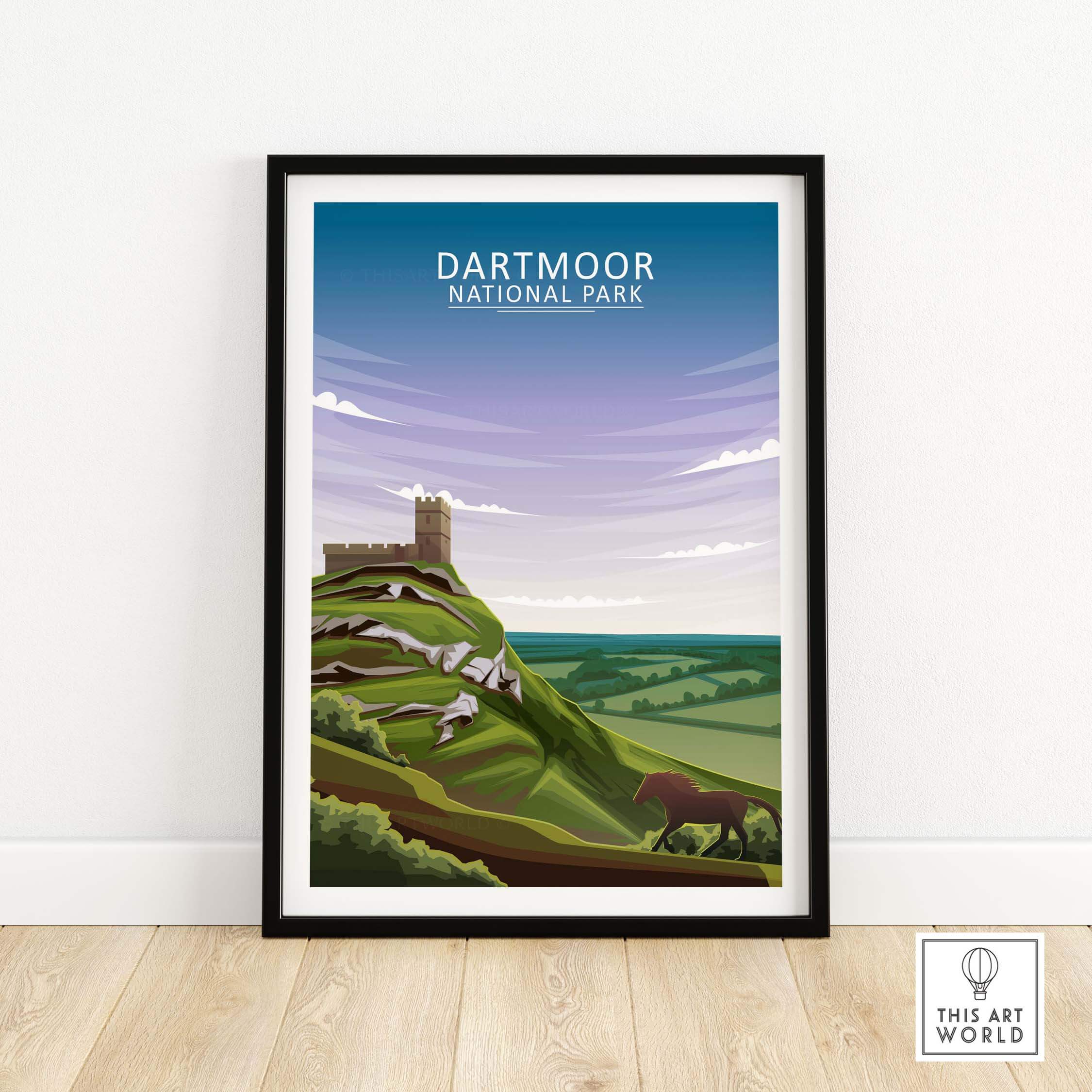 Dartmoor National Park poster showcasing scenic hills and a castle in minimalist style, perfect for nature lovers' wall art.