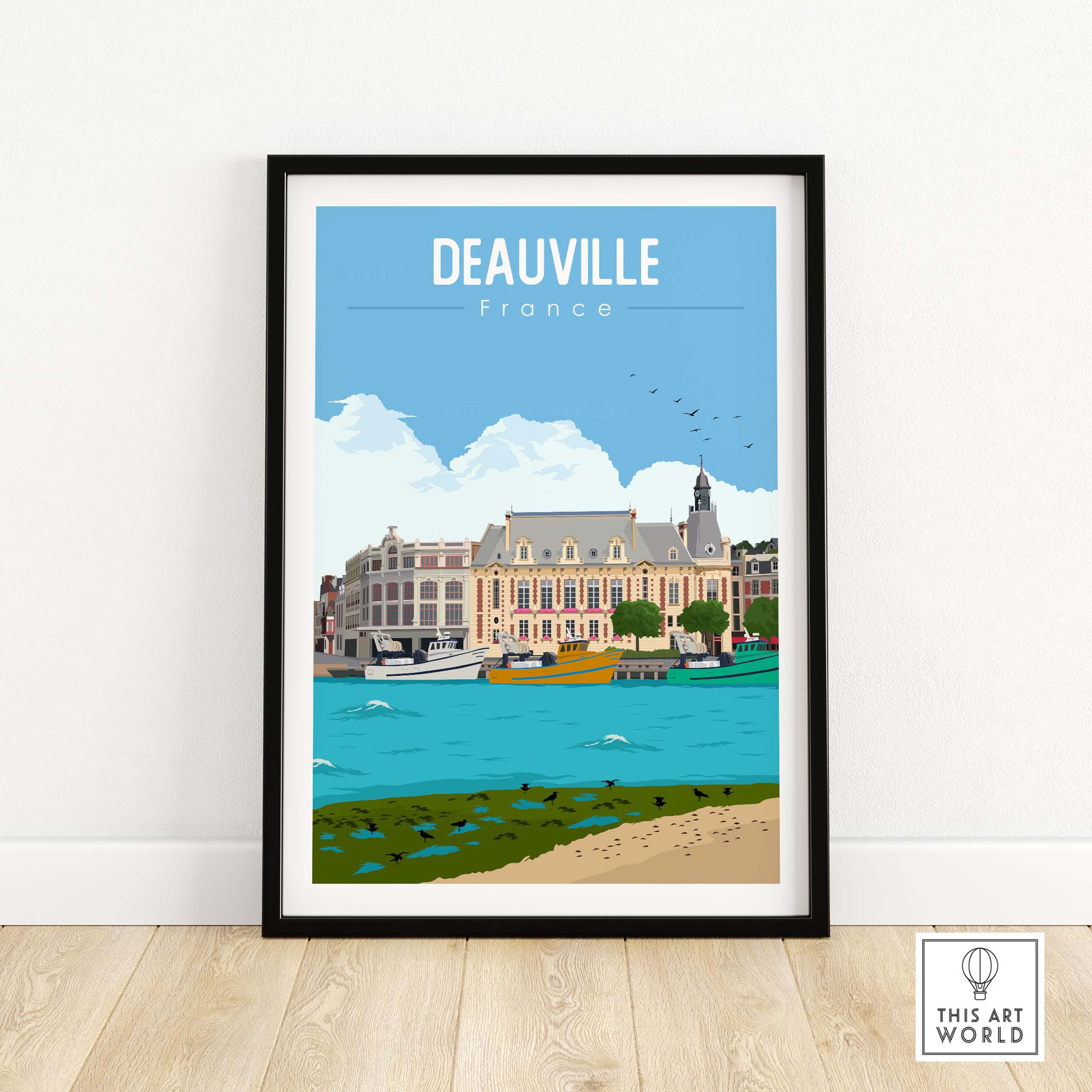 Deauville France poster print featuring vintage-style art of coastal scenery and architecture, framed for stylish decor.