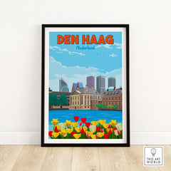 Den Haag Wall Art Print featuring vibrant tulips and iconic skyline, perfect for home or office decor.