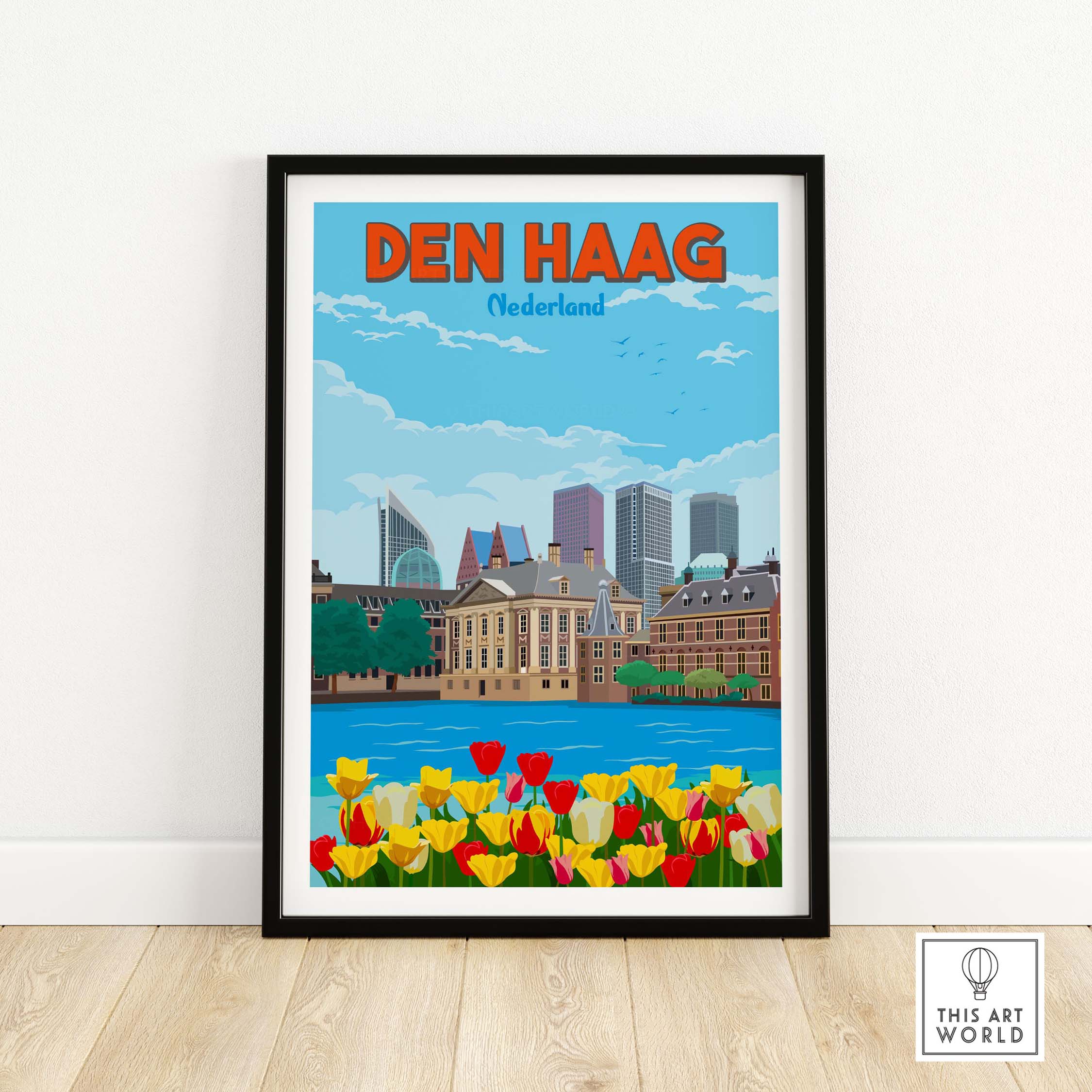 Den Haag Wall Art Print featuring vibrant tulips and iconic skyline, perfect for home or office decor.