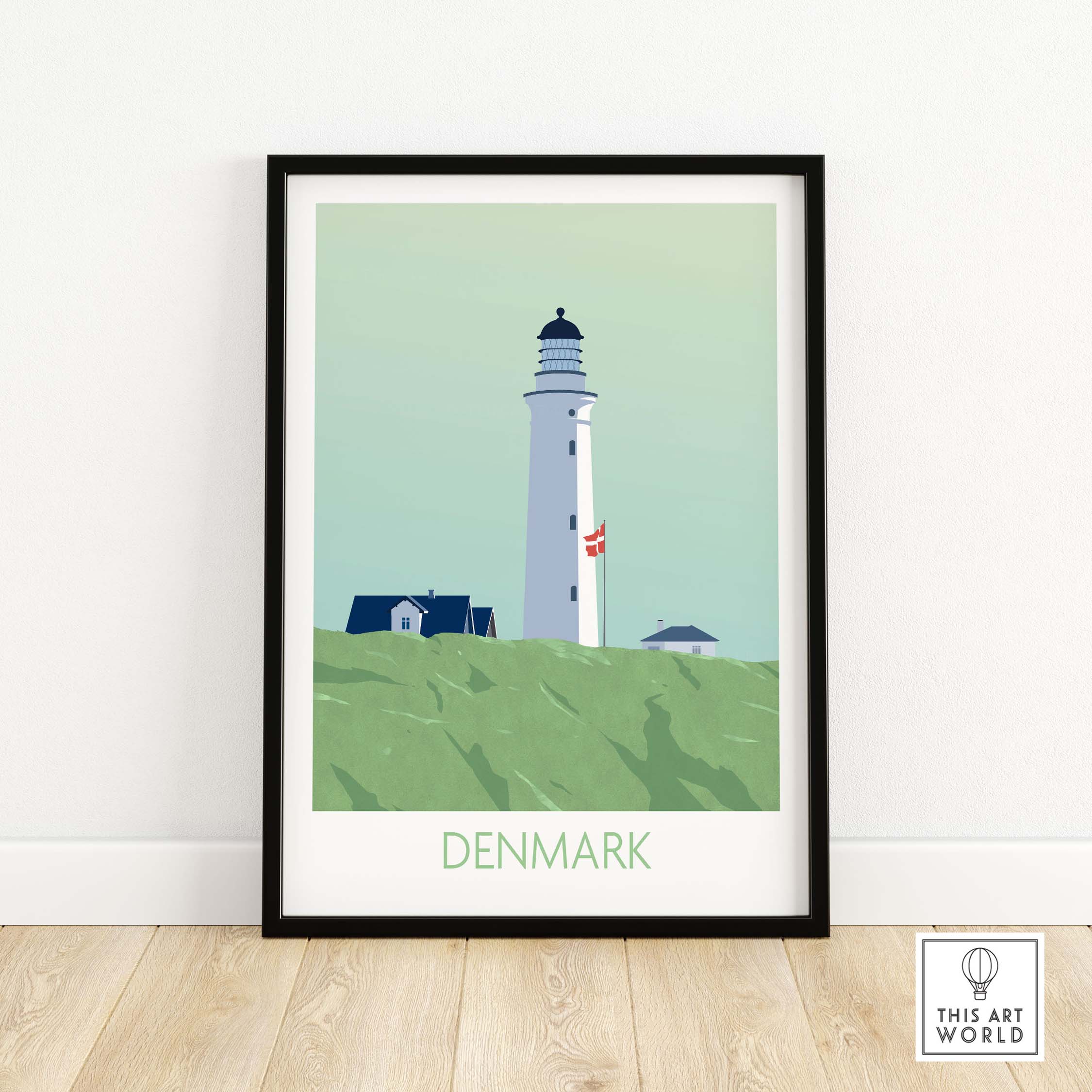 Denmark Poster Print featuring a lighthouse and green landscape, stylish wall art for travel enthusiasts.