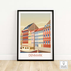 Denmark poster art print featuring colorful vintage buildings by the water in a minimalist frame.