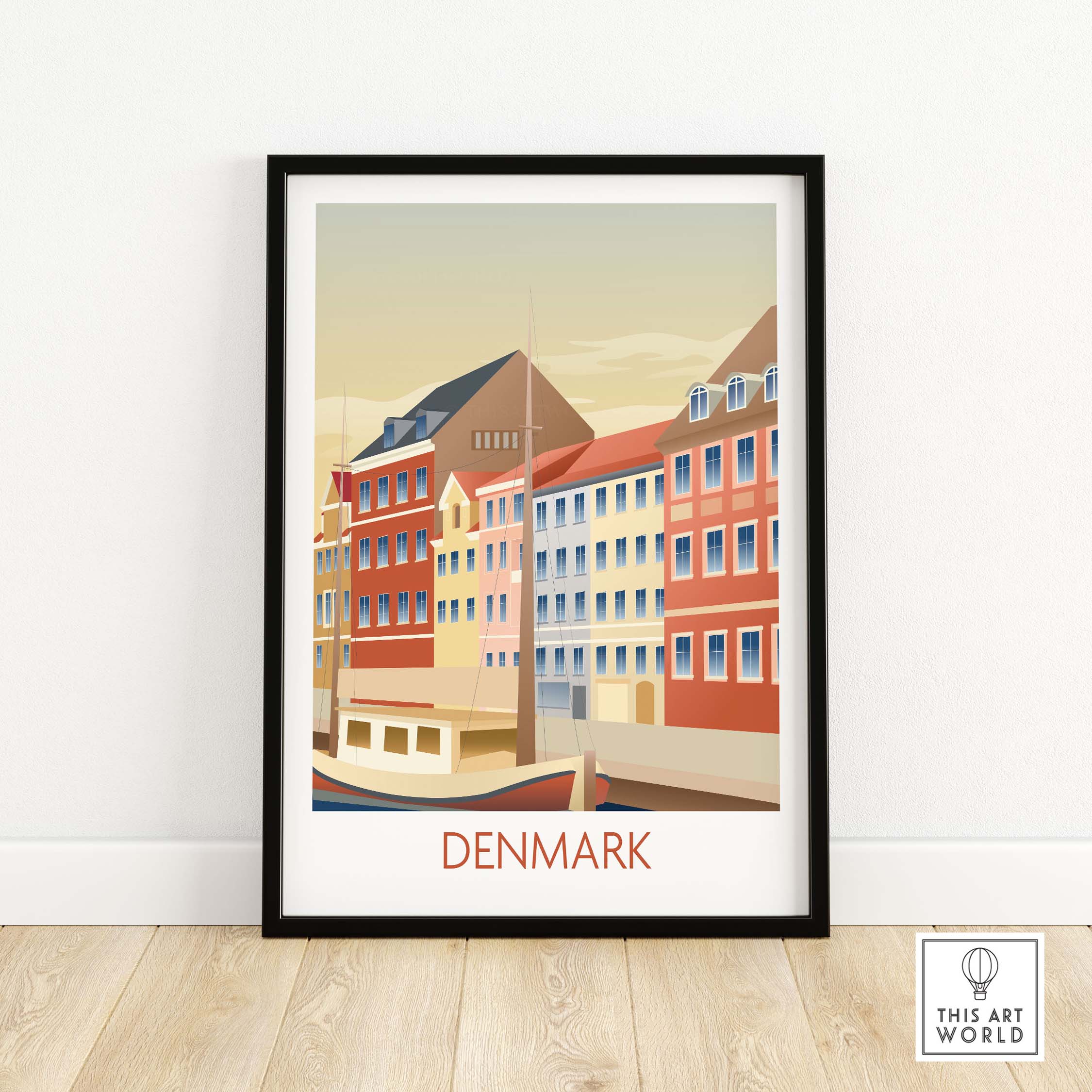 Denmark poster art print featuring colorful vintage buildings by the water in a minimalist frame.