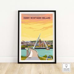 Derry Print Poster Wall Art featuring the Peace Bridge in Northern Ireland, inspired by vintage travel art.