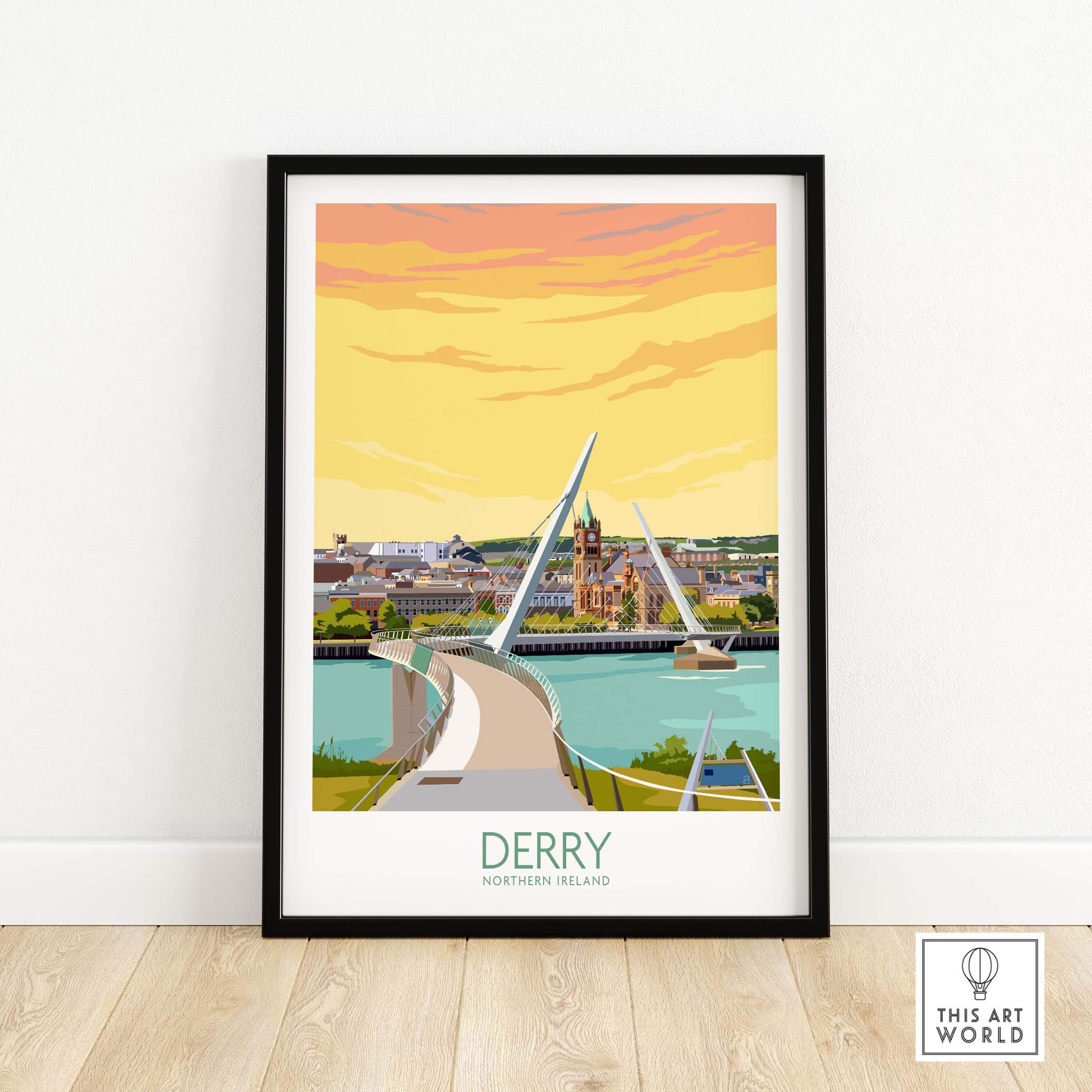 Derry Print Northern Ireland poster featuring the iconic Peace Bridge and vibrant skyline.