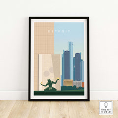 Detroit travel poster print featuring city skyline and iconic monument in minimalist design, framed on a light wood floor.