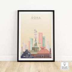 Doha City Skyline print wall art featuring iconic buildings in warm pastel tones, framed for elegant decor.