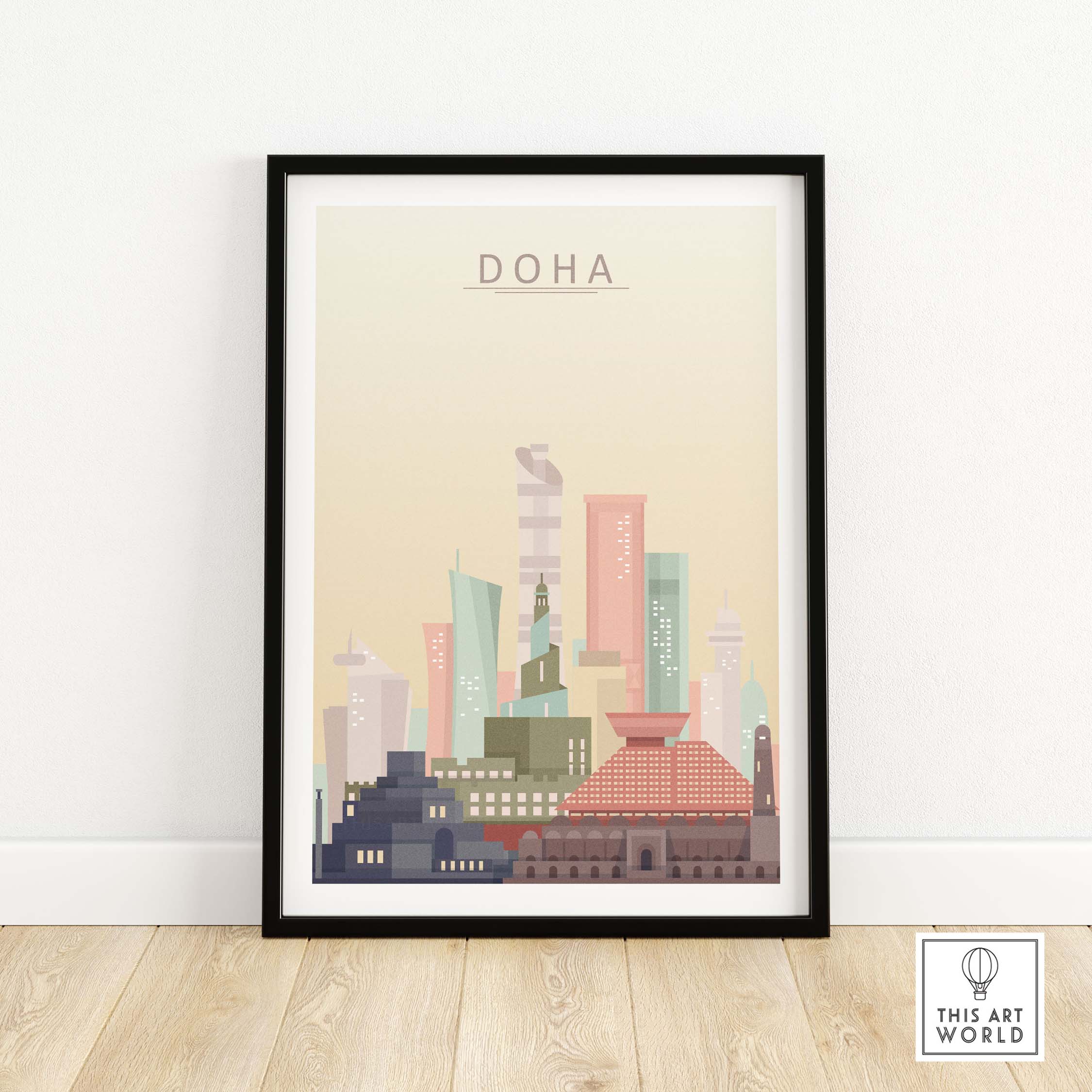 Doha City Skyline print wall art featuring iconic buildings in warm pastel tones, framed for elegant decor.