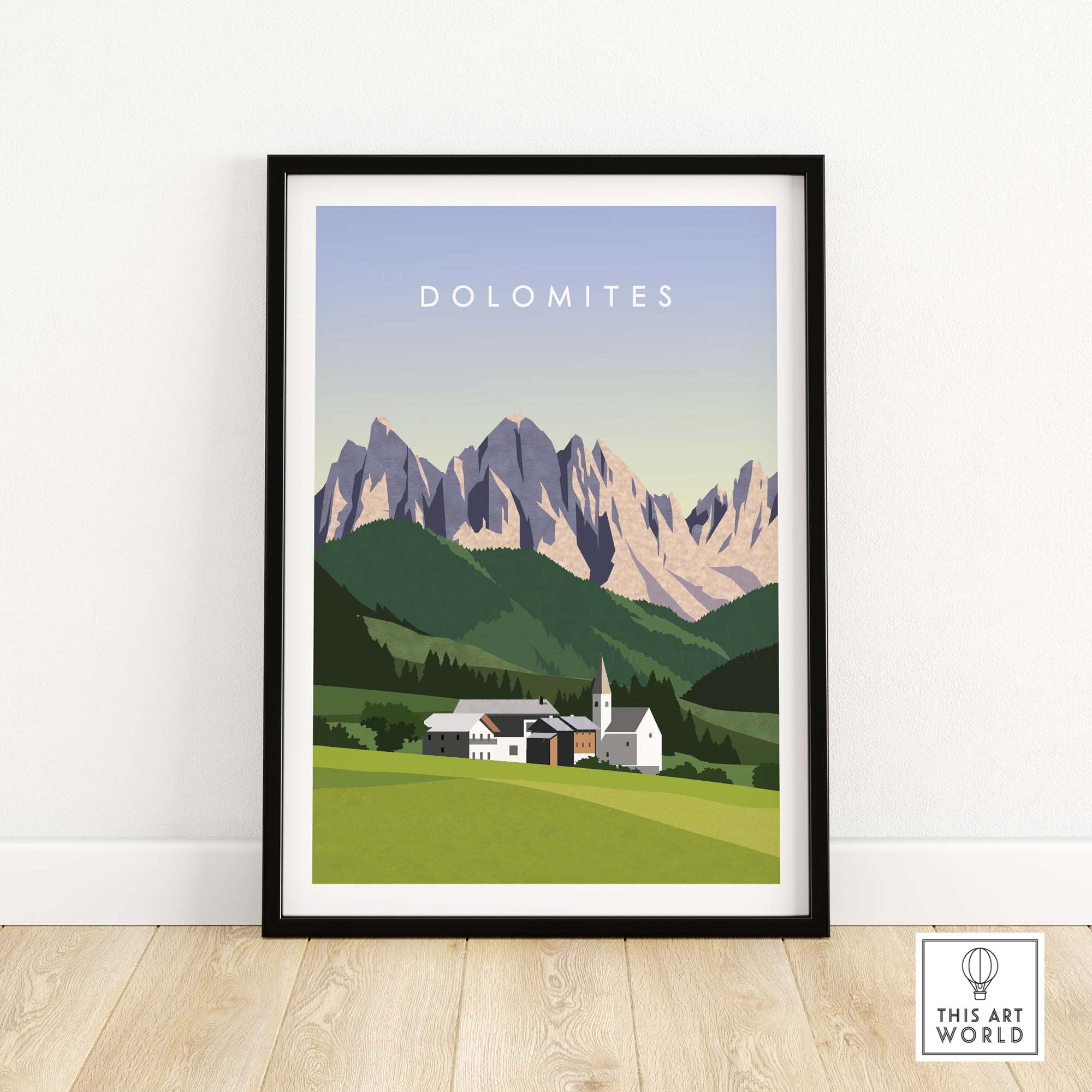 Dolomites travel poster print featuring mountains and greenery in a minimalist style, framed for stylish home decor.
