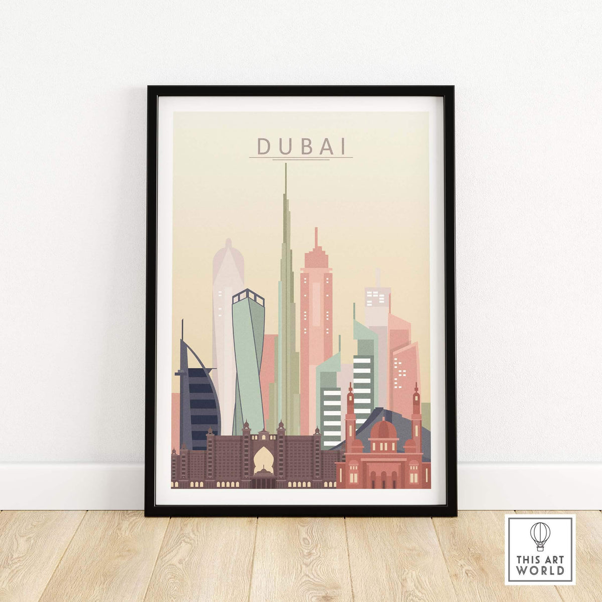 Dubai city skyline print in pastel tones, showcasing iconic architecture in a stylish black frame.