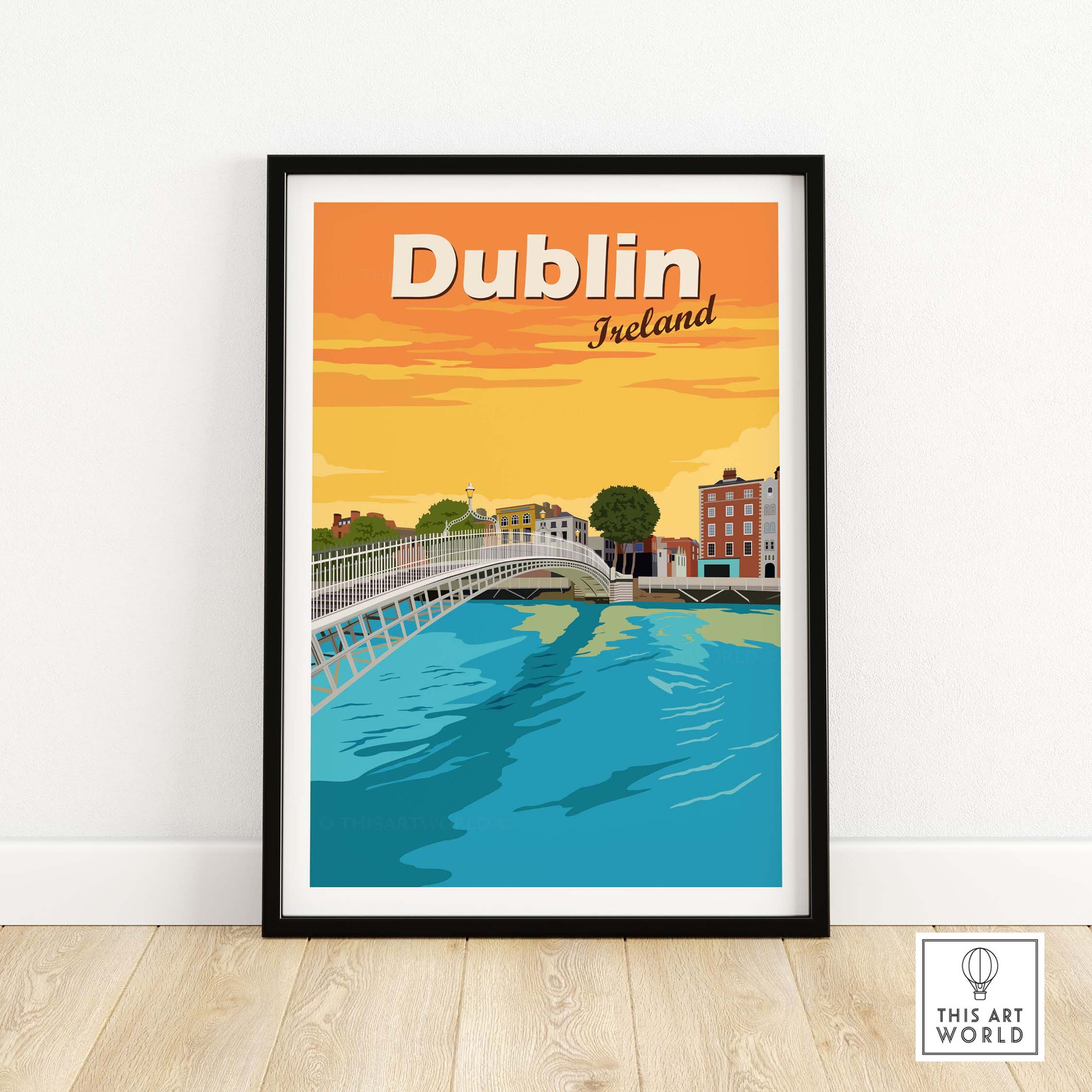 Vintage Dublin Print Poster Wall Art featuring a vibrant cityscape and river, perfect for home or office decor.