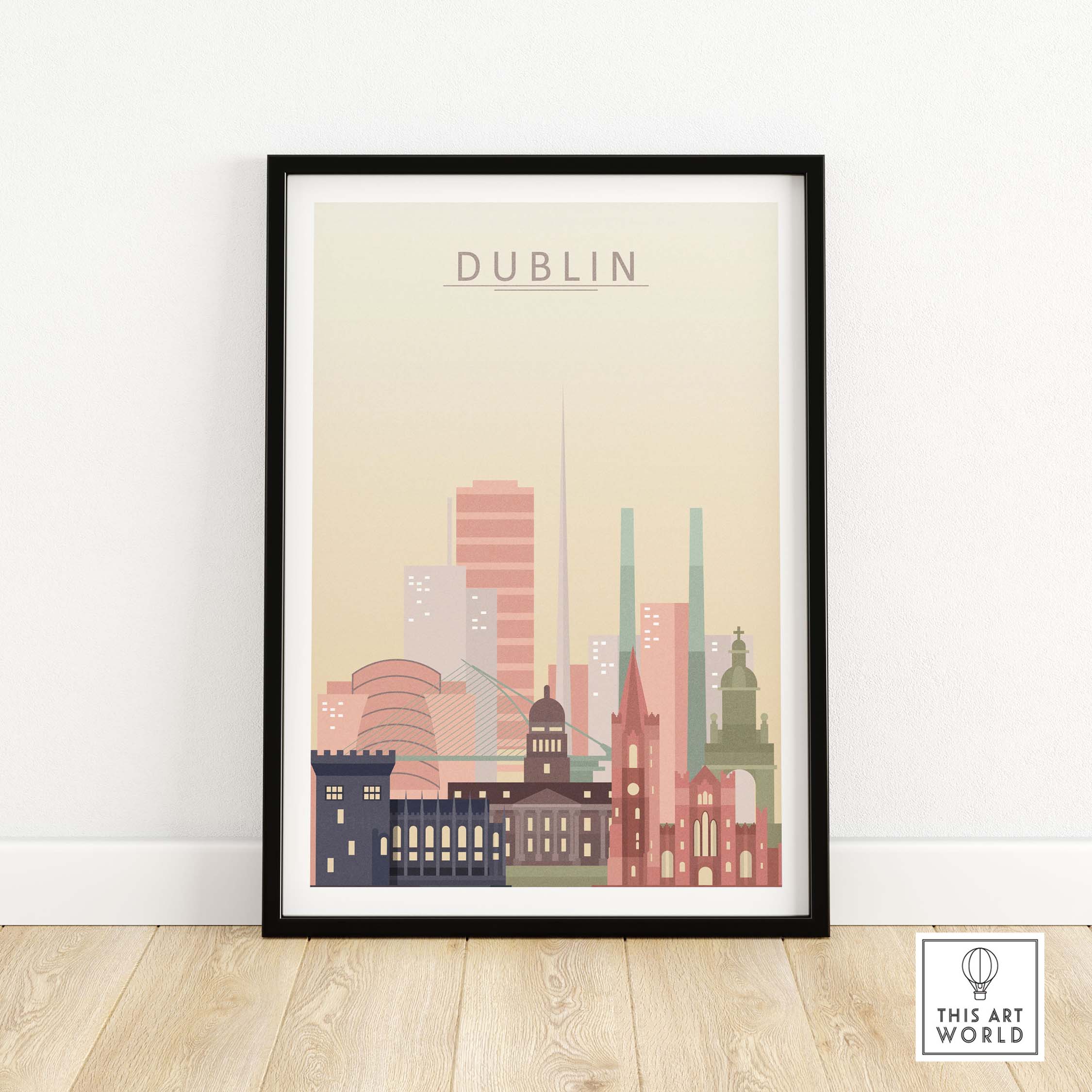 Dublin skyline wall art print showcasing iconic architecture in pastel tones, framed and ready to elevate your decor.