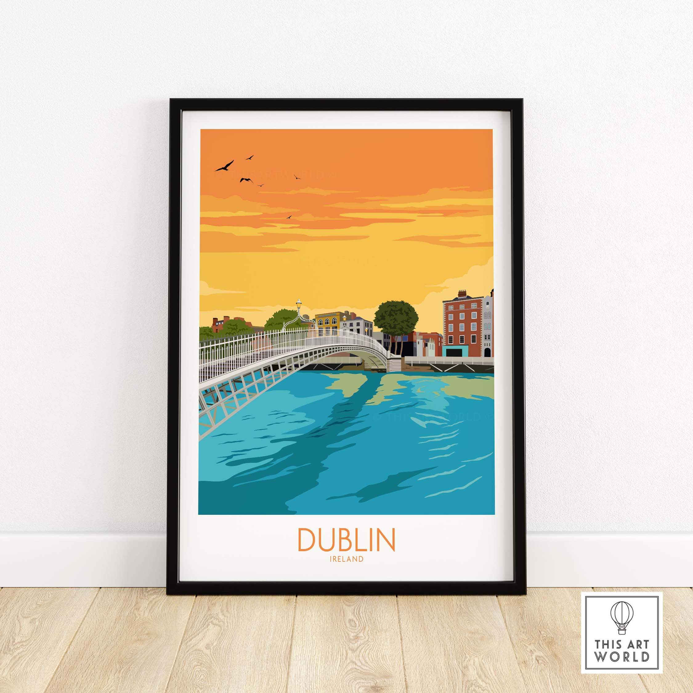 Dublin Ireland Print featuring Ha'penny Bridge with vibrant sunset colors, framed wall art for stylish home decor.